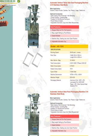 Automatic Verticak Three Side Seal Packaging Machine C/W stainless steel body