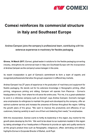 Comexi reinforces its commercial structure in Italy and Southeast Europe