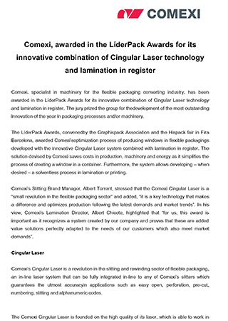 Comexi, awarded in the LíderPack Awards for its innovative combination of Cingular Laser technology and lamination in register
