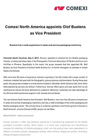 Comexi North America appoints Olof Buelens as Vice President