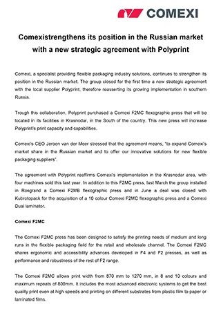 Comexi strengthens its position in the Russian market with a new strategic agreement with Polyprint