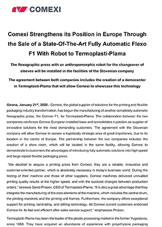 PR - Comexi Strengthens its Position in Europe Through the Sale of a State-Of-The-Art Fully Automatic Flexo F1 With Robot to Termoplasti-Plama