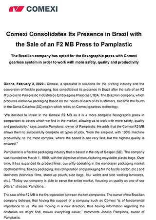 PR - Comexi Consolidates Its Presence in Brazil with the Sale of an F2 MB Press to Pamplastic