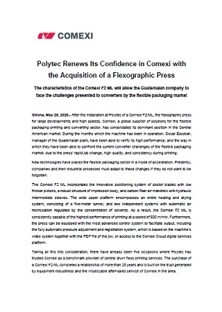 Polytec Renews Its Confidence in Comexi with the Acquisition of a Flexographic Press