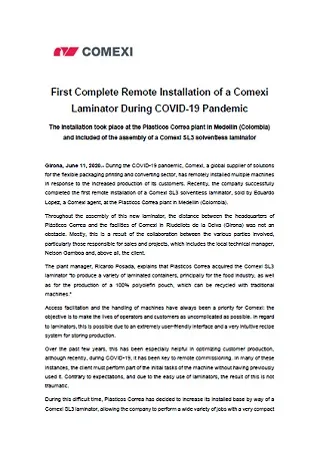 First Complete Remote Installation of a Comexi Laminator During COVID-19 Pandemic