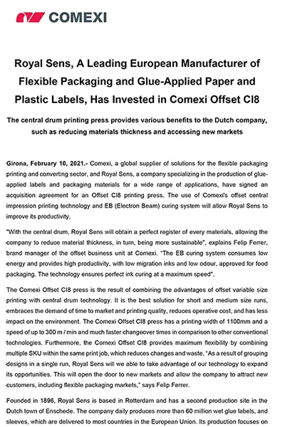 PR - Royal Sens, A Leading European Manufacturer of Flexible Packaging and Glue-Applied Paper and Plastic Labels, Has Invested in Comexi Offset CI8