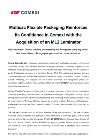 Multisac Flexible Packaging Reinforces Its Confidence in Comexi with the Acquisition of an ML2 Laminator