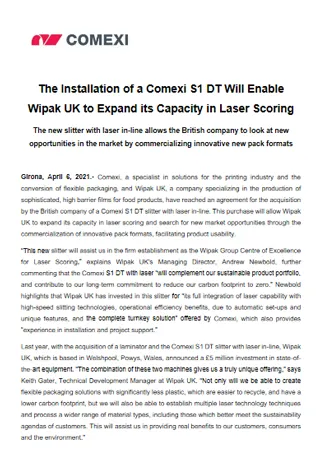 The Installation of a Comexi S1 DT Will Enable Wipak UK to Expand its Capacity in Laser Scoring