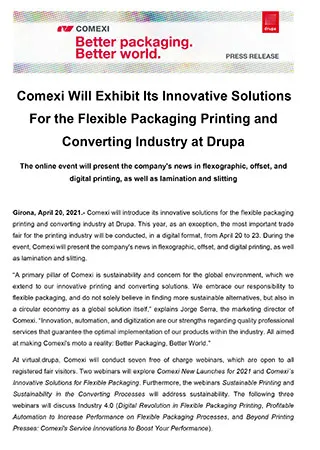 Comexi Will Exhibit Its Innovative Solutions For the Flexible Packaging Printing and Converting Industry at Drupa