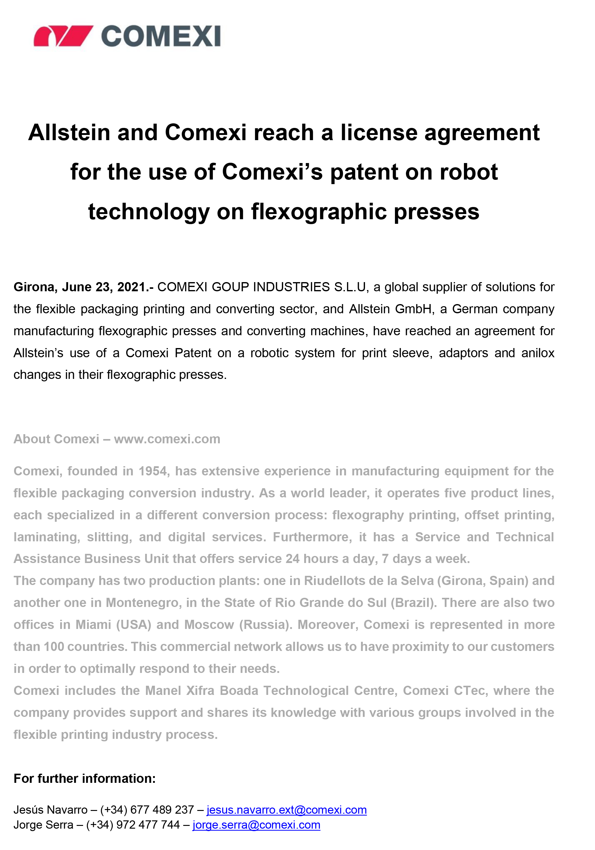 Allstein and Comexi reach a license agreement for the use of Comexi’s patent on robot technology on flexographic presses