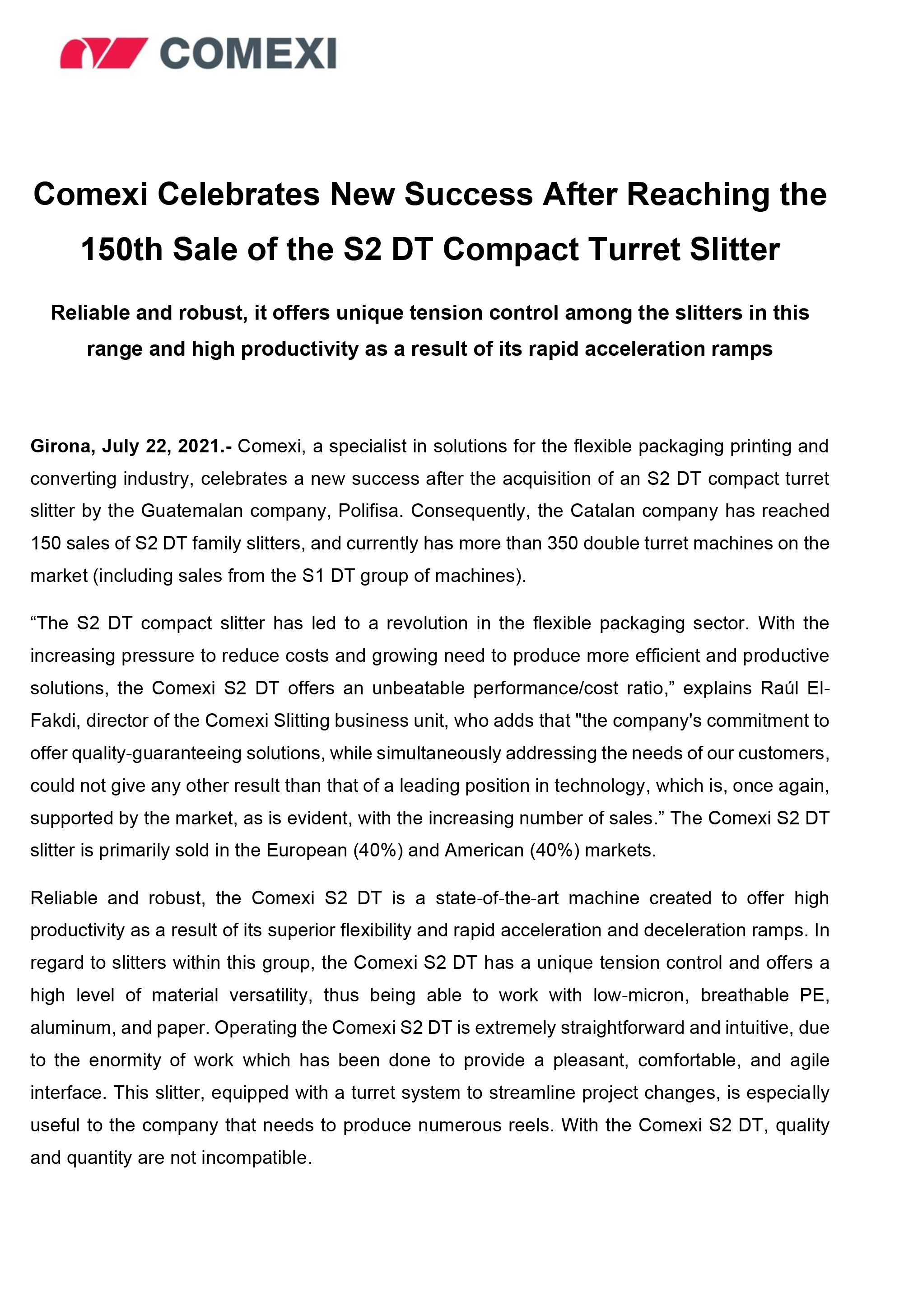 Comexi Celebrates New Success After Reaching the 150th Sale of the S2 DT Compact Turret Slitter