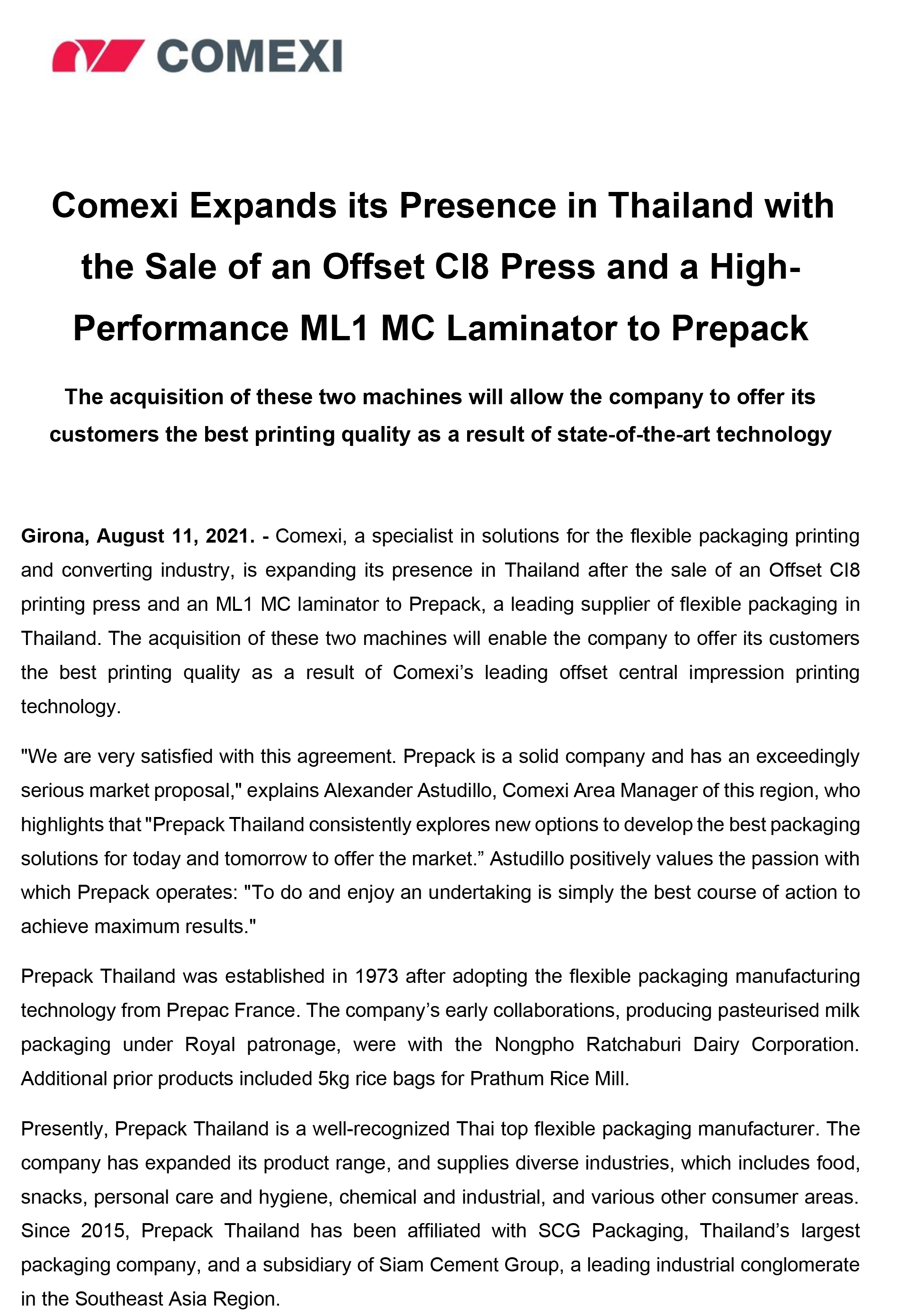 Comexi Expands its Presence in Thailand with the Sale of an Offset CI8 Press and a High-Performance ML1 MC Laminator to Prepack