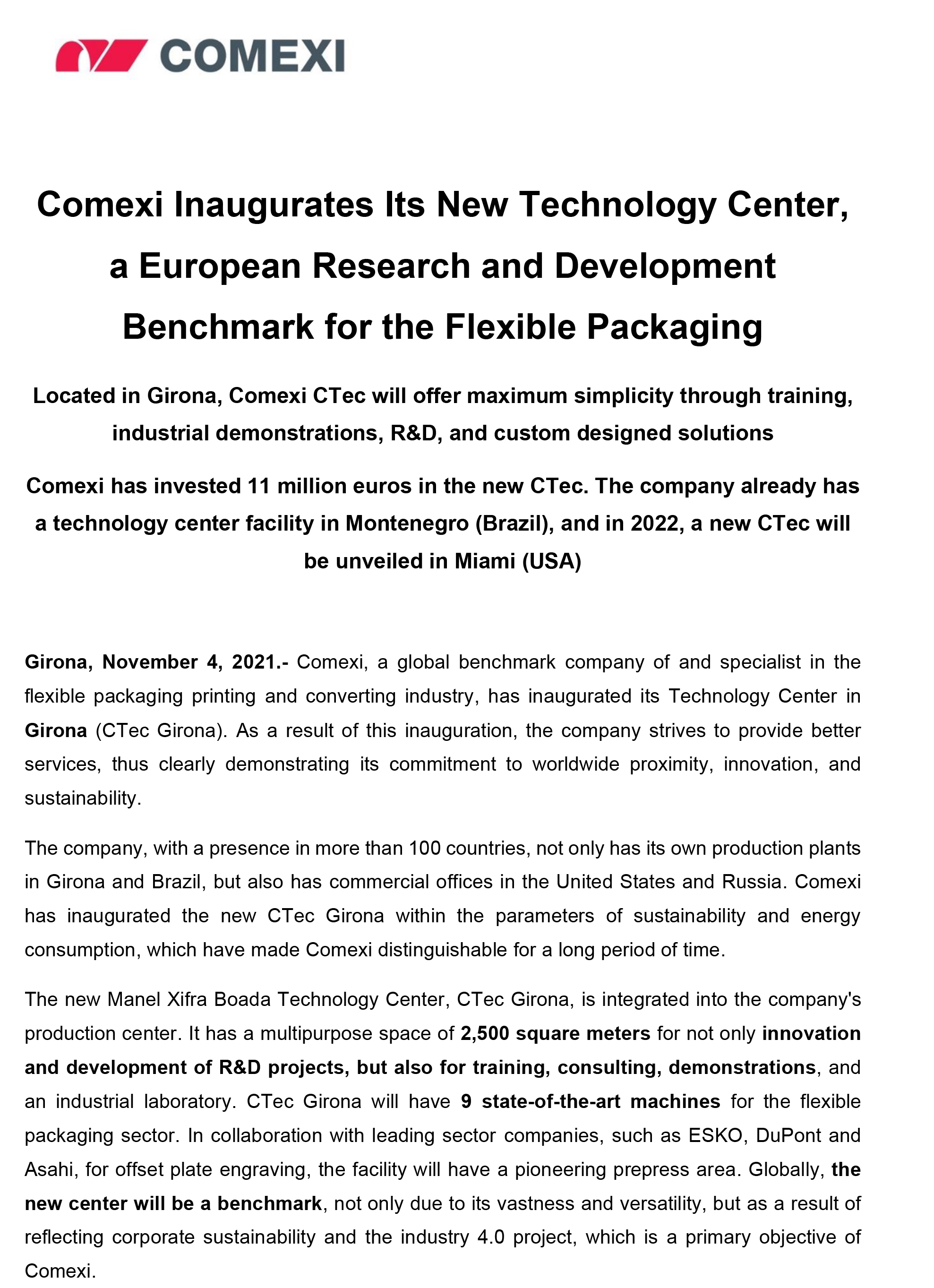 Comexi Inaugurates Its New Technology Center, a European Research and Development Benchmark for the Flexible Packaging