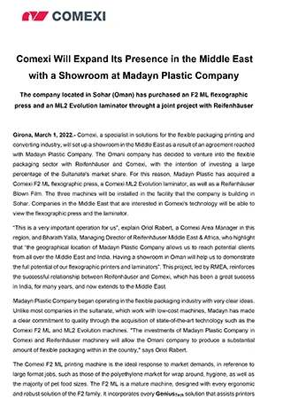 Comexi Will Expand Its Presence in the Middle East with a Showroom at Madayn Plastic Company