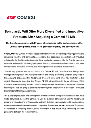 Bomplastic Will Offer More Diversified and Innovative Products After Acquiring a Comexi F2 MB