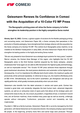 Geissmann Renews Its Confidence in Comexi with the Acquisition of a 10-Color F2 MP Press
