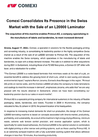 PR - Comexi Consolidates Its Presence in the Swiss Market with the Sale