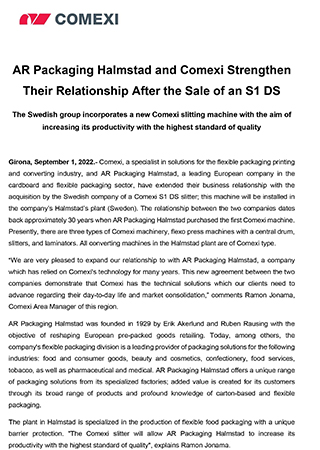 PR - AR Packaging Halmstad and Comexi Strengthen Their Relationship After the Sale of an S1 DS