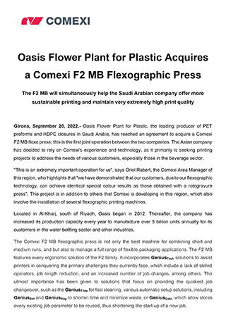PR - Oasis Flower Plant for Plastic Acquires a Comexi F2 MB Flexographic