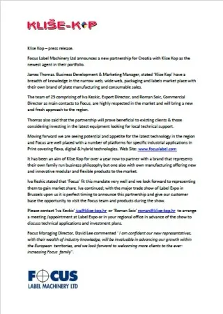 Focus Label Machinery Ltd announces a new partnership for Croatia with Klise Kop as the newest agent in their portfolio