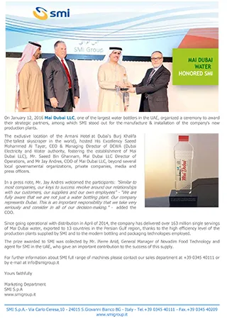 MAI DUBAI WATER HONORED SMI