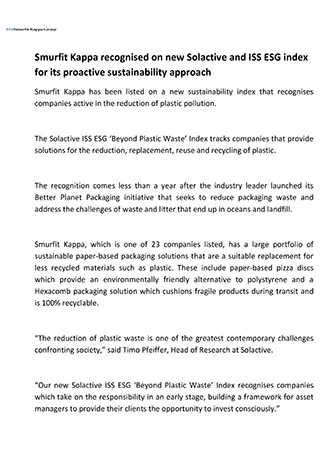 Smurfit Kappa recognised on new Solactive and ISS ESG index for its proactive sustainability approach