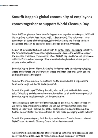 Smurfit Kappa's global community of employees comes together to support World Cleanup Day